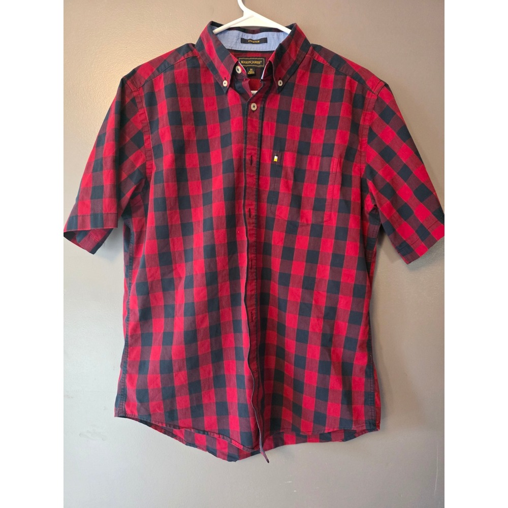 Mason James Mens Red Black Buffalo Plaid Short Sleeve Stretch Button Down Shirt